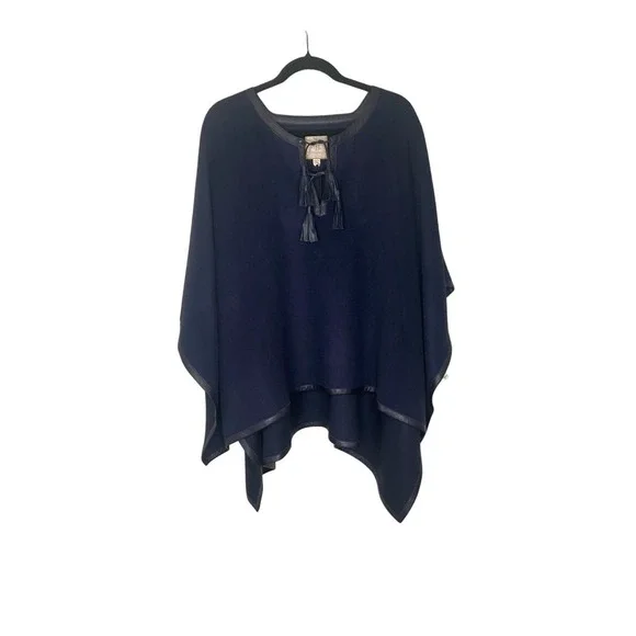 Stick & Ball Navy Blue Baby Alpaca Lambskin Leather Trimmed Poncho NWT $425.00 - Picture 2 of 15